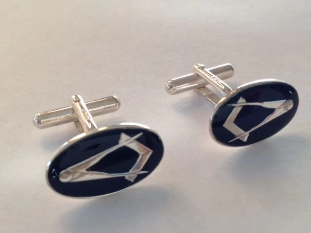 Blue Enamel & Silver Oval Masonic Cufflinks 3 Blue Enamel & Silver Oval Masonic Cufflinks