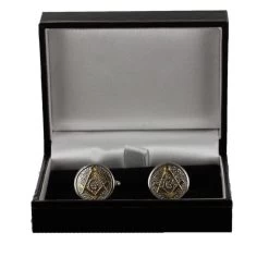 Masonic Cufflinks Two Tone Pewter And Gilded Gold – Square Compass With G -Masonic Collection ae1 box
