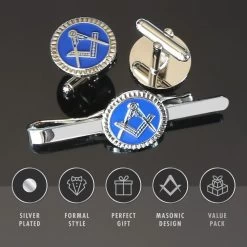 Blue Detailed Masonic Cufflink & Tieslide Set -Masonic Collection detailed blue features