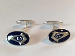 Blue Enamel & Silver Oval Masonic Cufflinks With Chain - ‘G’