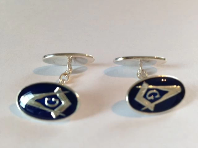 Blue Enamel & Silver Oval Masonic Cufflinks With Chain - ‘G’ 3 Blue Enamel & Silver Oval Masonic Cufflinks With Chain - ‘G’