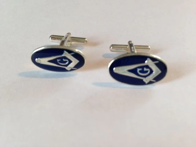 Blue Enamel & Silver Oval Masonic Cufflinks ‘G’ 3 Blue Enamel & Silver Oval Masonic Cufflinks ‘G’