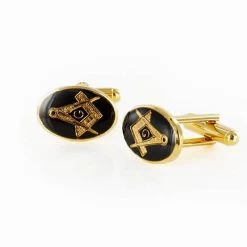 Gold Plated Black Enamel Square And Compass With G Cufflinks