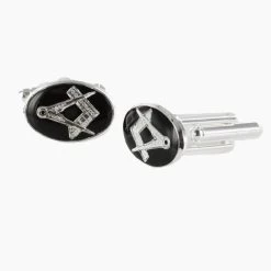 Silver Plated Black Enamel Square And Compass Cufflinks