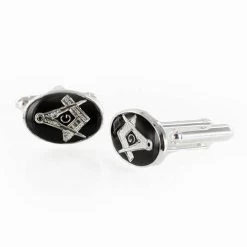 Silver Plated Black Enamel Square And Compass With G Cufflinks