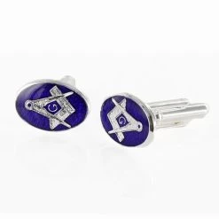 Silver Plated Blue Enamel Square And Compass With G Cufflinks